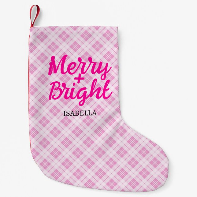 Pink tartan Christmas Merry Bright Custom name Small Christmas Stocking (Front)