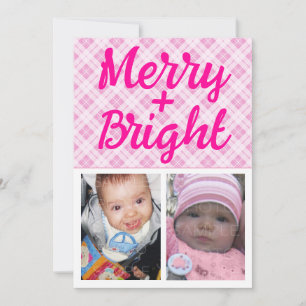 Pink tartan Christmas Merry Bright Custom photo Holiday Card
