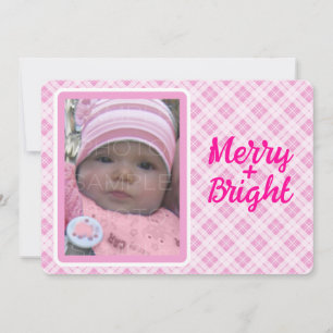 Pink tartan Christmas Merry Bright Custom photo Holiday Card