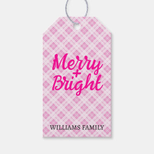 Pink tartan Christmas Merry Bright Family name Gift Tags