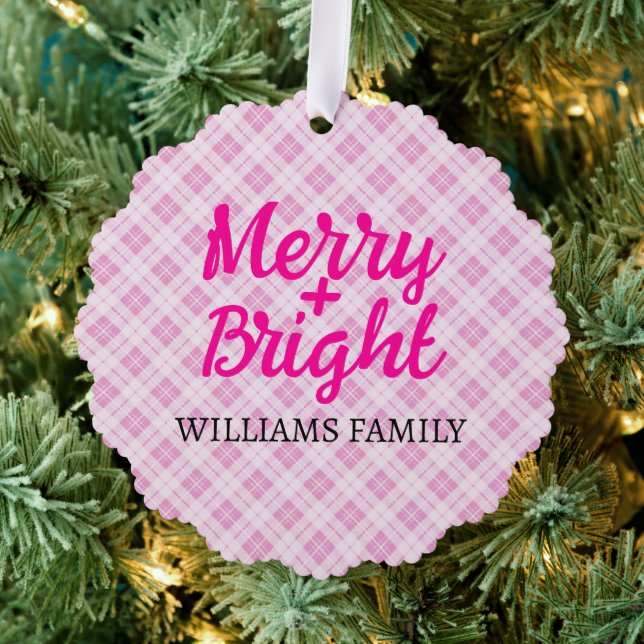 Pink tartan Christmas Merry Bright Family name Ornament Card (Insitu (Tree))