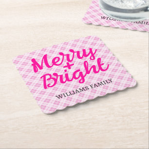 Pink tartan Christmas Merry Bright Family name Paper Coaster