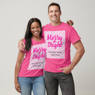 Pink tartan Christmas Merry Bright Family name T-Shirt