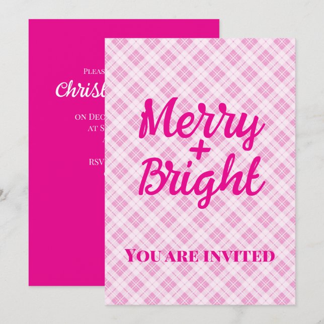 Pink tartan Christmas Party holidays Merry Bright Invitation (Front/Back)