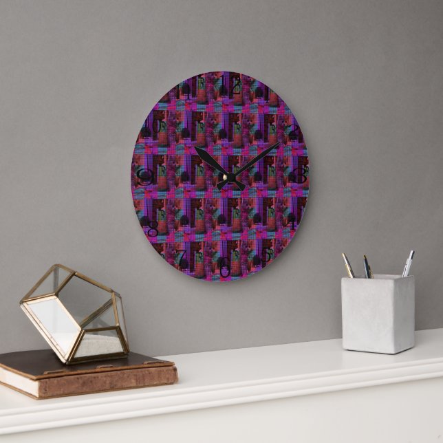Pink Tartan Persian Kitten, Large Wall Clock (Office)