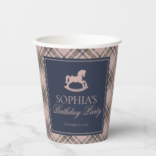 Pink Tartan Plaid Classic Rocking Horse Birthday Paper Cups