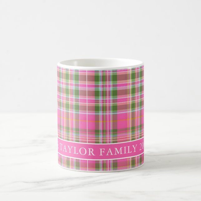 Pink Tartan Plaid Family Name Coffee Mug (Center)