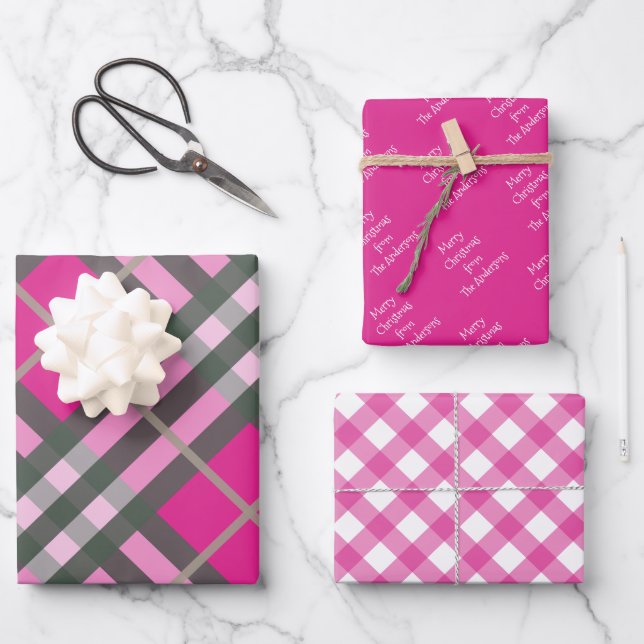 Pink Tartan Plaid Gingham Personalized Christmas Wrapping Paper Sheet (Front)