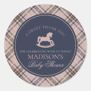 Pink Tartan Plaid Rocking Horse Baby Shower Favour Classic Round Sticker