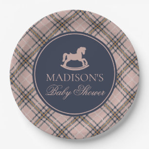 Pink Tartan Plaid Rocking Horse Baby Shower Paper Plate