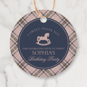 Pink Tartan Plaid Rocking Horse Birthday Circle Favour Tags
