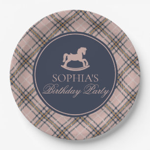 Pink Tartan Plaid Rocking Horse Birthday Party Paper Plate