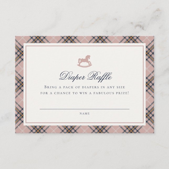 Pink Tartan Plaid Rocking Horse Diaper Raffle Card (Front)