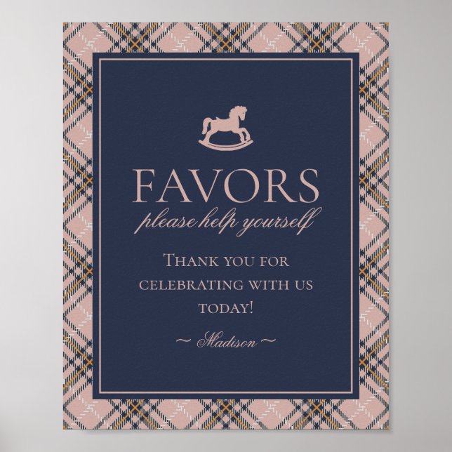 Pink Tartan Plaid Rocking Horse Favors Sign (Front)