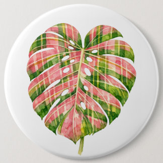 Pink Tartan Scottish Monstera Watercolour Botanic 6 Inch Round Button