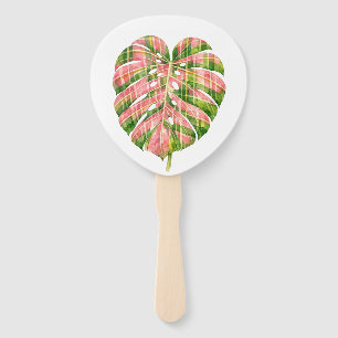 Pink Tartan Scottish Monstera Watercolour Botanic Hand Fan