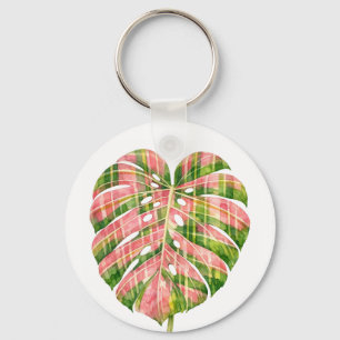 Pink Tartan Scottish Monstera Watercolour Botanic Keychain