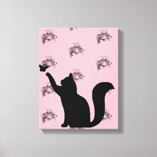 pink tattoo print playful cat wooden canvas