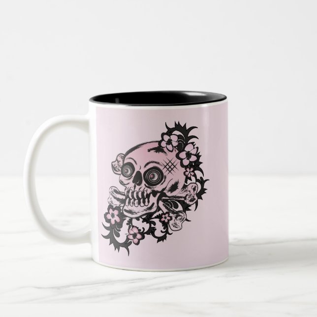 Pink Tattoo Skull Two-Tone Coffee Mug (Left)