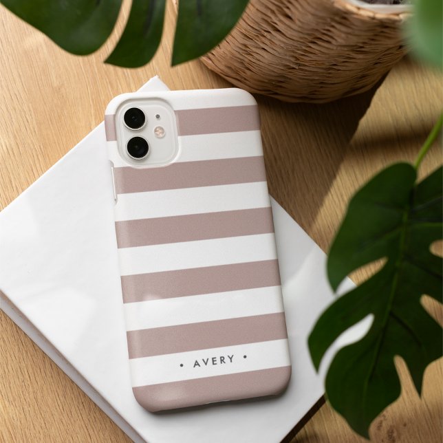 Pink Taupe & White Stripe Personalized iPhone 16 Case (Creator Uploaded)