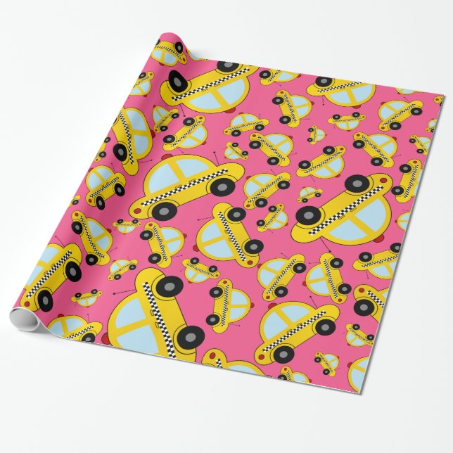 Pink taxi pattern wrapping paper (Unrolled)