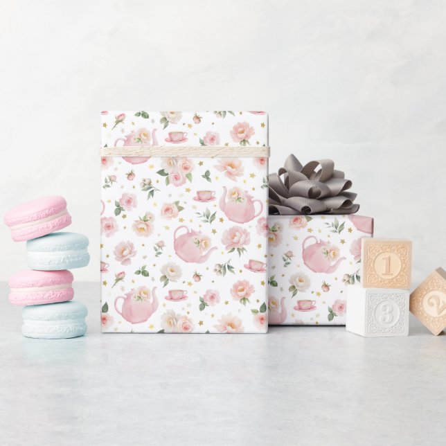 Pink Tea Party Baby Shower Wrapping Paper (Baby Shower)