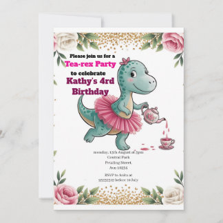 Pink Tea Party Dinosaur 4rd Birthday Invitation