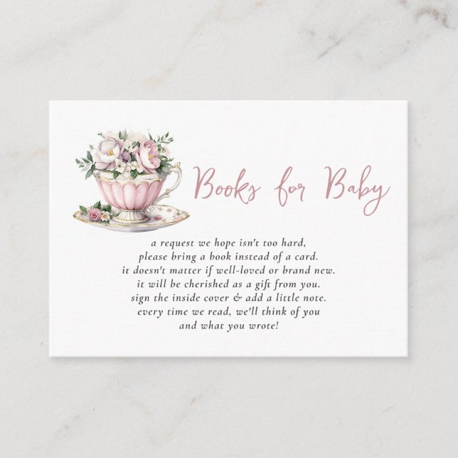 Pink Tea Party Girl Baby Shower Book Request  Enclosure Card (Front)