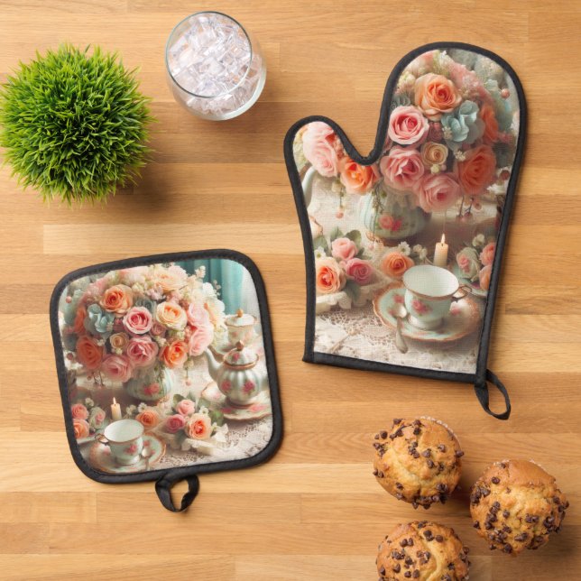 Pink Tea Party Oven Mitt and Pot Holders Oven Mitt & Pot Holder Set (Top Down)