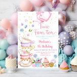 Pink Tea Party Time Four Tea Birthday Invitation<br><div class="desc">This adorable design features watercolor tea cups with pink floral and faux gold glitter embellishments.</div>