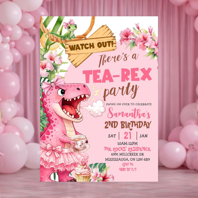 Pink Tea Rex On The Loose Girl Birthday Invitation (Creator Uploaded)