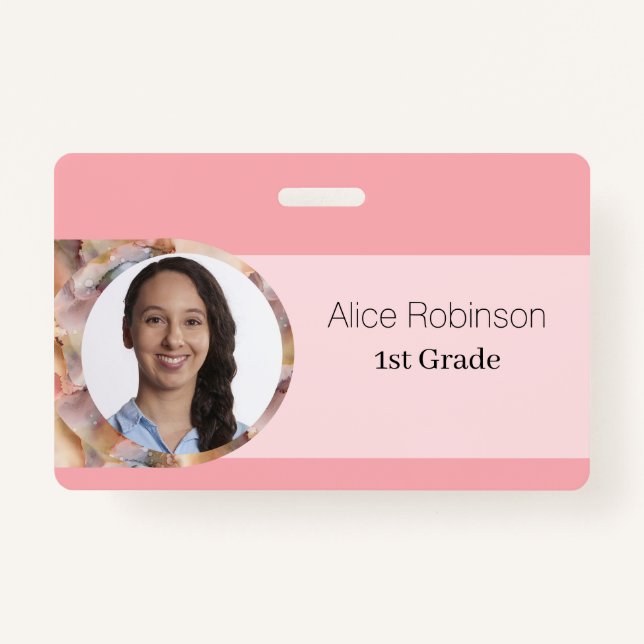 Pink Teacher Modern Stylish Employee ID Badge (Front)