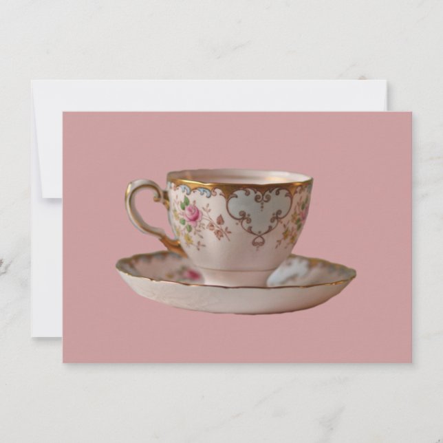 Pink Teacup and Saucer with Roses Invitation (Front)