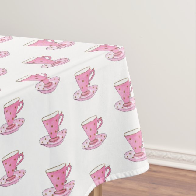 Pink Teacup  Hand-painted Watercolor Girly Pattern Tablecloth (In Situ)