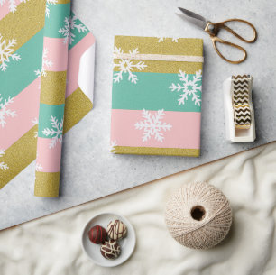 Pink Teal and Gold Stripes With Snowflakes Wrapping Paper