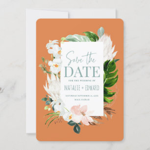 Pink, teal and orchid tropical floral save the date