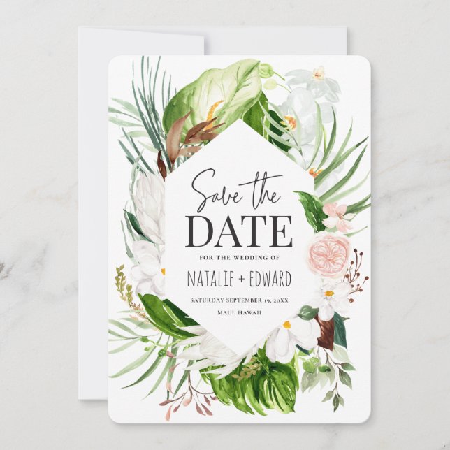Pink, teal and orchid tropical floral save the date (Front)
