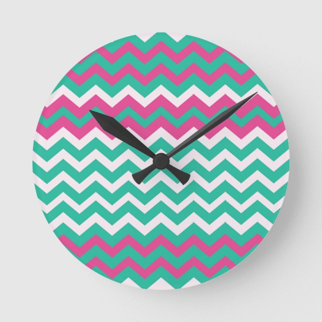 Pink,Teal and White Zigzags. Round Clock (Front)