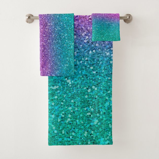 Pink Teal Aqua Blue & Purple Sparkly Glitter Bath Towel Set (Insitu)