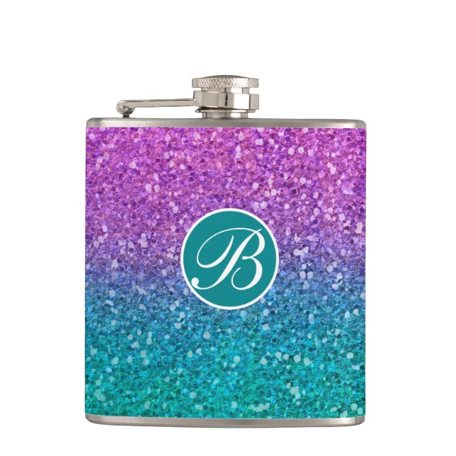 Pink Teal Aqua Blue & Purple Sparkly Glitter Hip Flask (Front)