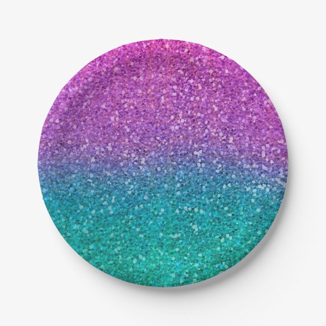 Pink Teal Aqua Blue & Purple Sparkly Glitter Party Paper Plate (Front)