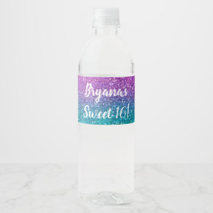 Pink Teal Aqua Blue & Purple Sparkly Glitter Party Water Bottle Label