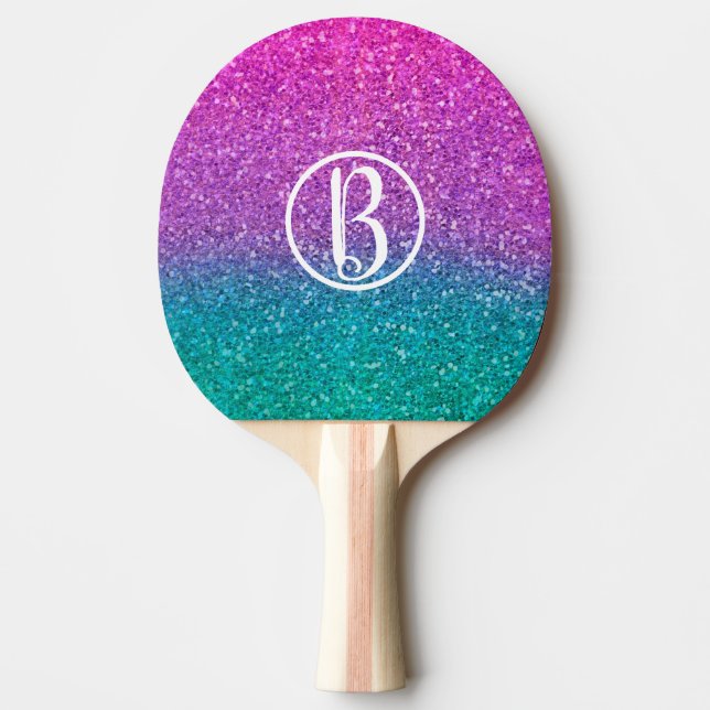 Pink Teal Aqua Blue & Purple Sparkly Glitter Ping Pong Paddle (Front)