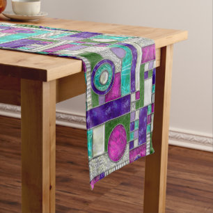 Pink Teal Art Deco Stained Glass Short Table Runner