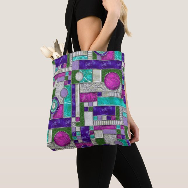 Pink Teal Art Deco Stained Glass Tote Bag (Close Up)