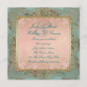 Pink Teal Blue and Gold Vintage Wedding Invitation