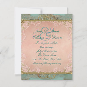 Pink Teal Blue and Gold Vintage Wedding RSVP Invitation