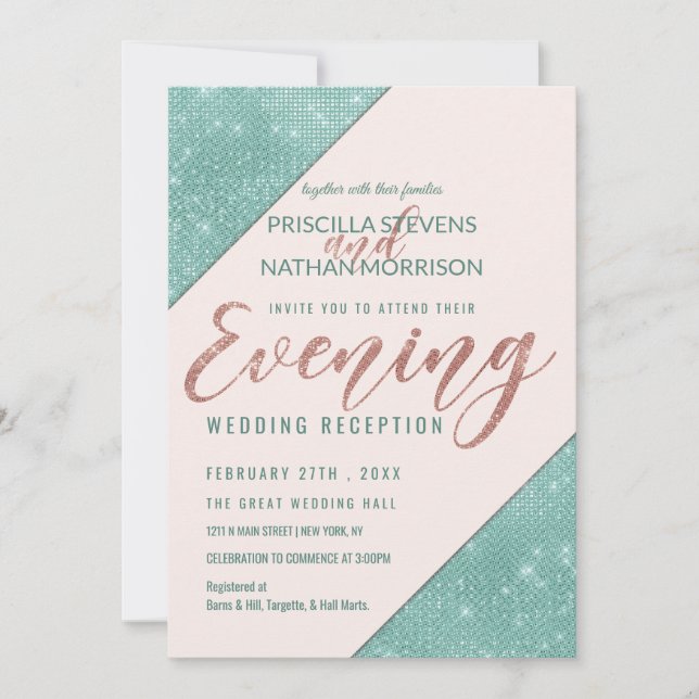 Pink Teal Blue Faux Glitter Sequin Evening Invitation (Front)