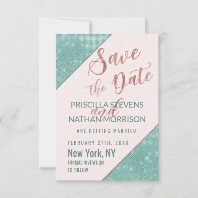 Pink Teal Blue Faux Glitter Sequin Save the Date (Front)