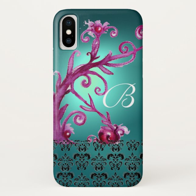 PINK TEAL BLUE FLORAL SWIRLS,BLACK DAMASK MONOGRAM Case-Mate iPhone CASE (Back)